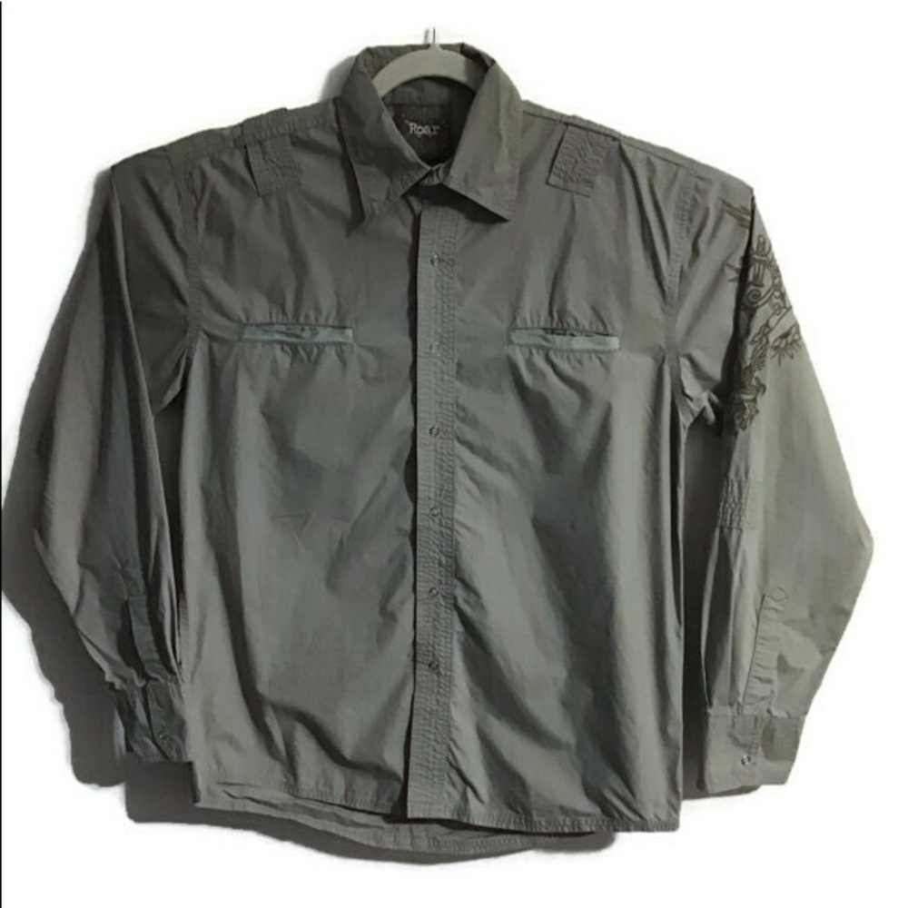 Roar long sleeve tan cotton button up. Large